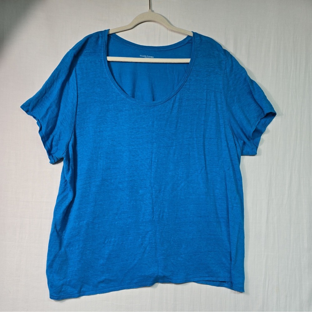 Eileen Fisher Women's 2X Plus Top Blue Short Sleeve Organic Linen Knit Round
